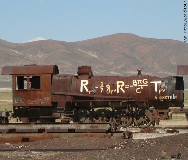 Einstein's field equations painted on an old locomotive, world tour